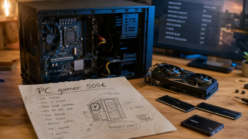 PC gamer 500 : Full HD allégé, boîtier PC ouvert sur bureau