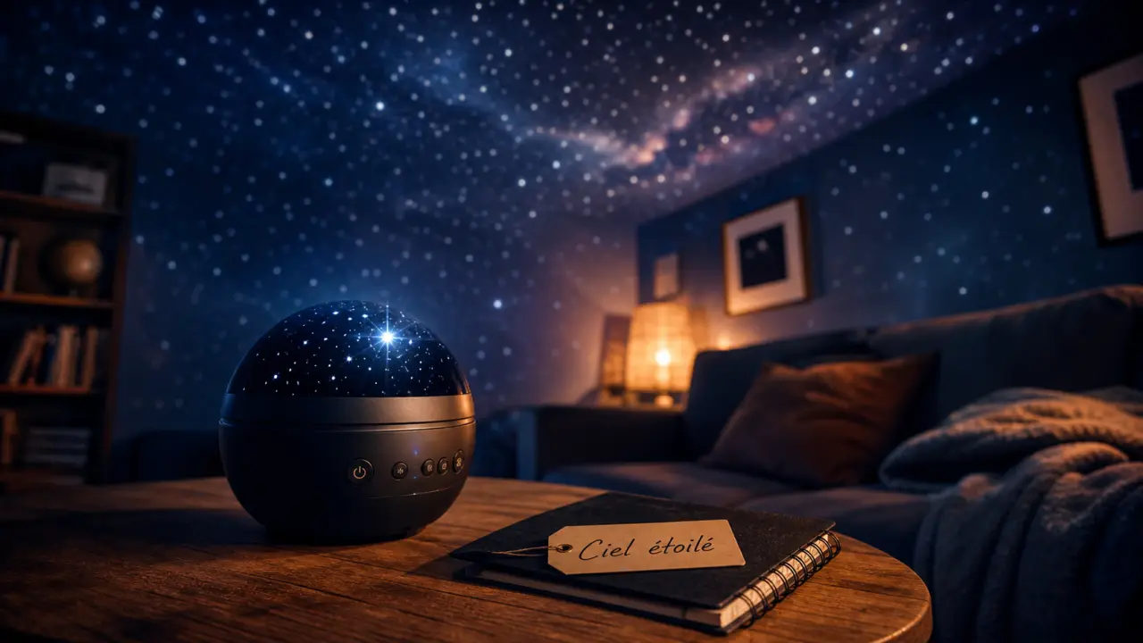 Planetarium projecteur diffusant un ciel étoilé dans un salon