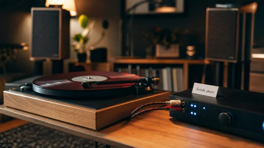 Platine vinyle et chaine hifi, câbles RCA vers ampli phono, salon moderne