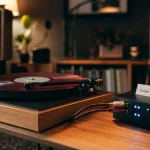 Platine vinyle et chaine hifi, câbles RCA vers ampli phono, salon moderne