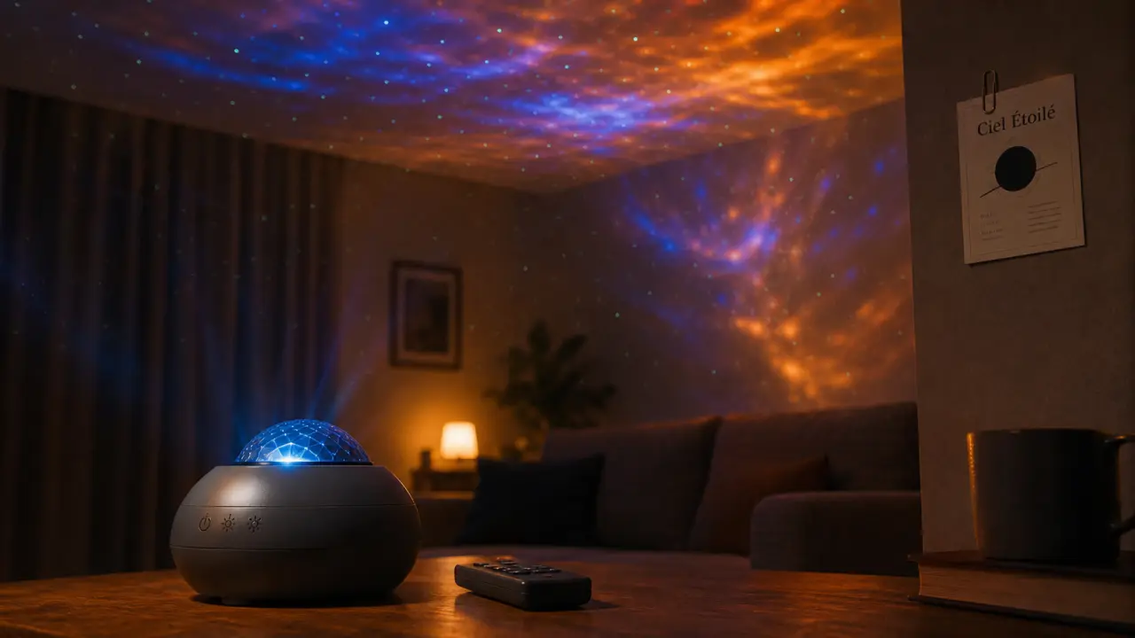 Projecteur galaxy projetant nébuleuses LED et étoiles au salon
