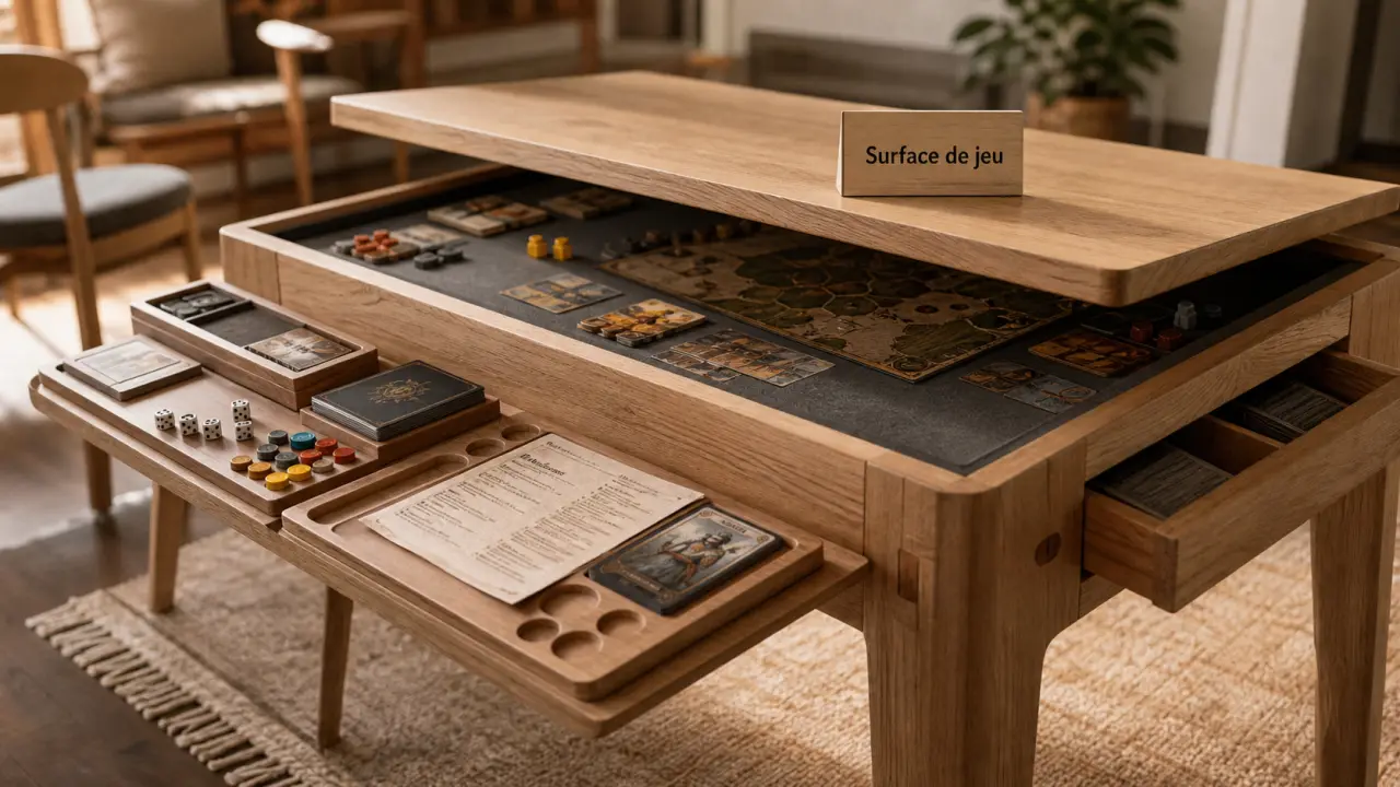 Table de jeux de société : surface de jeu et rails, 7 cm sous plateau
