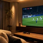Televiseur 100 pouces 253 cm dans un grand salon, match de football net