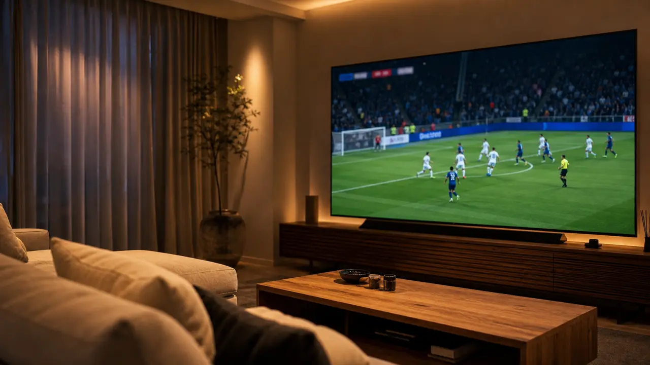 Televiseur 100 pouces 253 cm dans un grand salon, match de football net