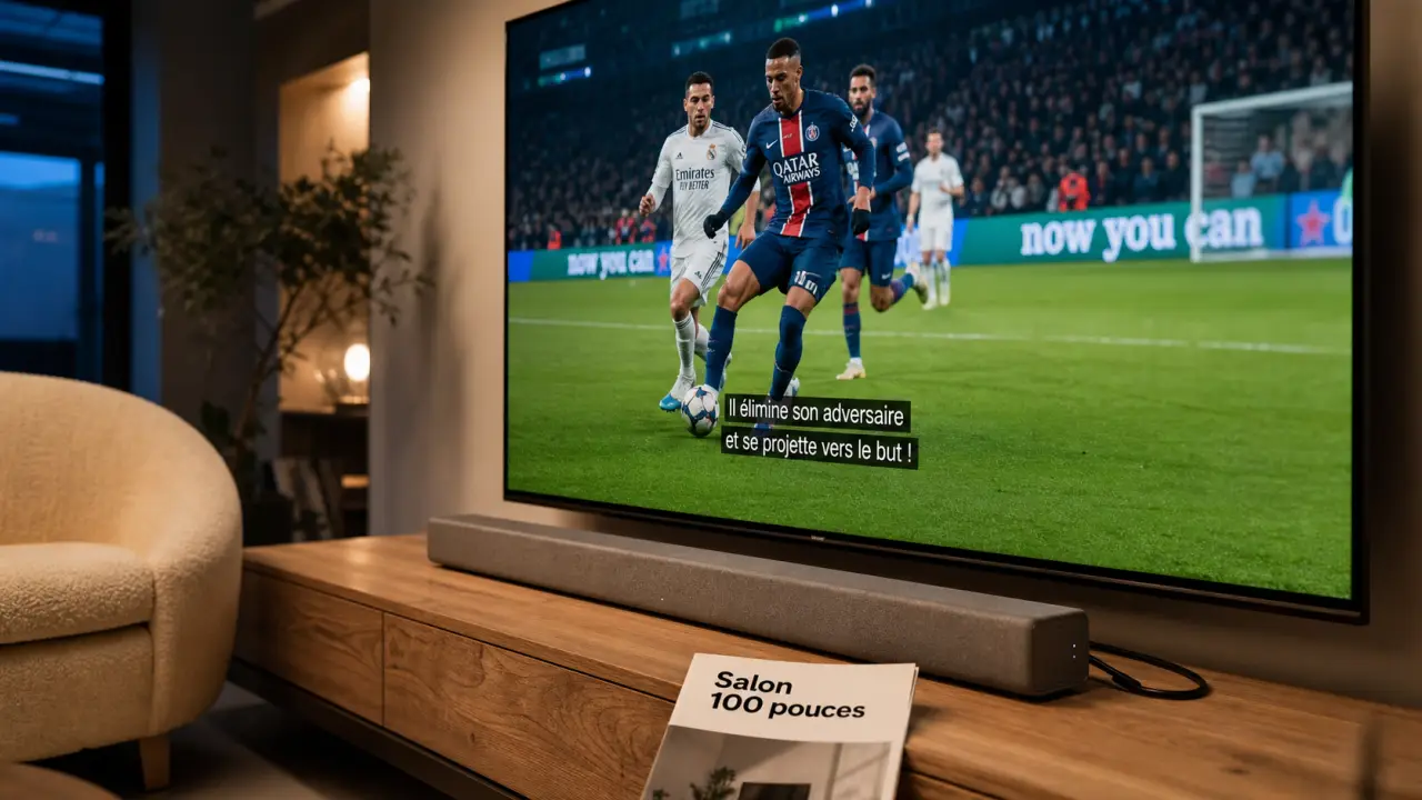 Televiseur 100 pouces dans un salon moderne, match 4K sur écran
