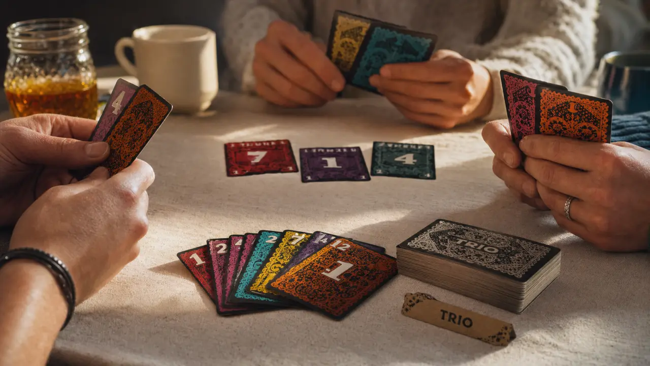 Trio jeu : trois cartes identiques, jeu de cartes Trio en main.