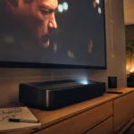 Vidéoprojecteur ultra courte focale comparatif, 120 pouces sur toile ALR, salon moderne