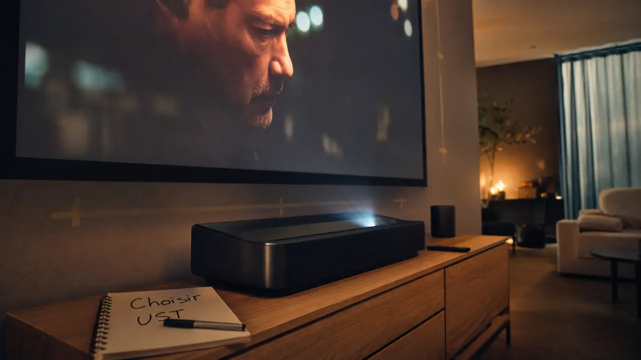 Vidéoprojecteur ultra courte focale comparatif, 120 pouces sur toile ALR, salon moderne