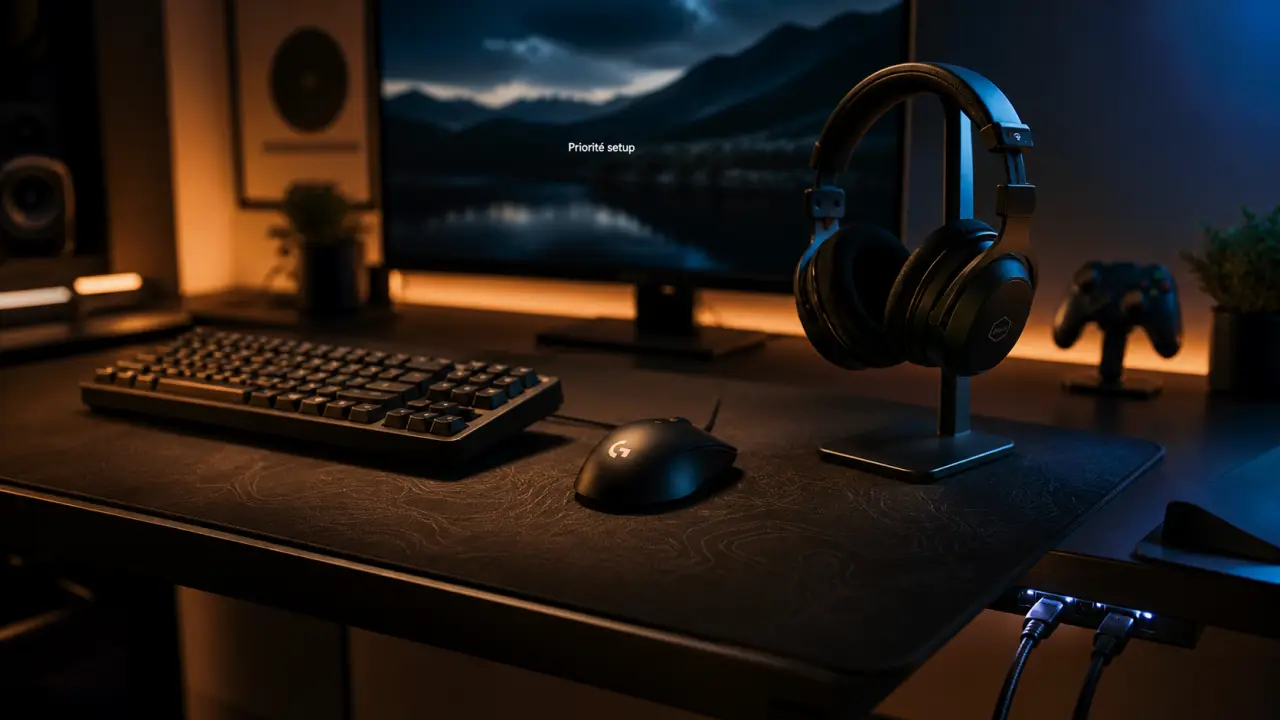 Accessoire bureau gaming : bureau précis, souris et tapis XXL, setup sans encombrement