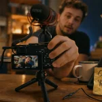 camera youtubeur vlog studio live : caméra sur mini-trépied, micro et lumière chaude