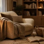 Coin cocooning salon : fauteuil enveloppant, lampe allumée, lumière douce