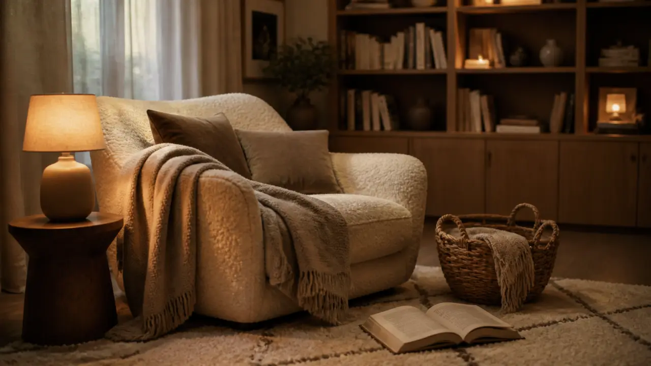 Coin cocooning salon : fauteuil enveloppant, lampe allumée, lumière douce