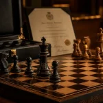 Echiquier luxe en bois sombre, pièces sculptées et marqueterie