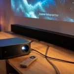 Barre de son pour enceinte videoprojecteur, près d’un vidéoprojecteur