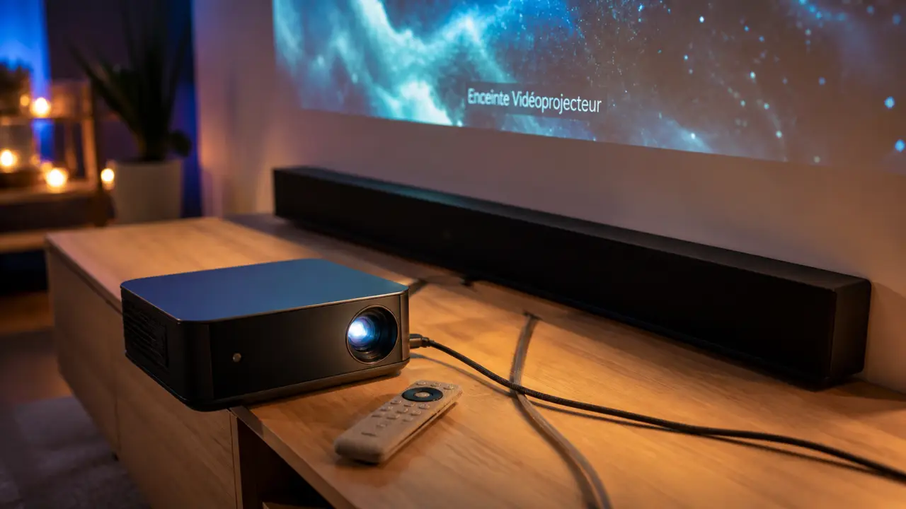 Barre de son pour enceinte videoprojecteur, près d’un vidéoprojecteur