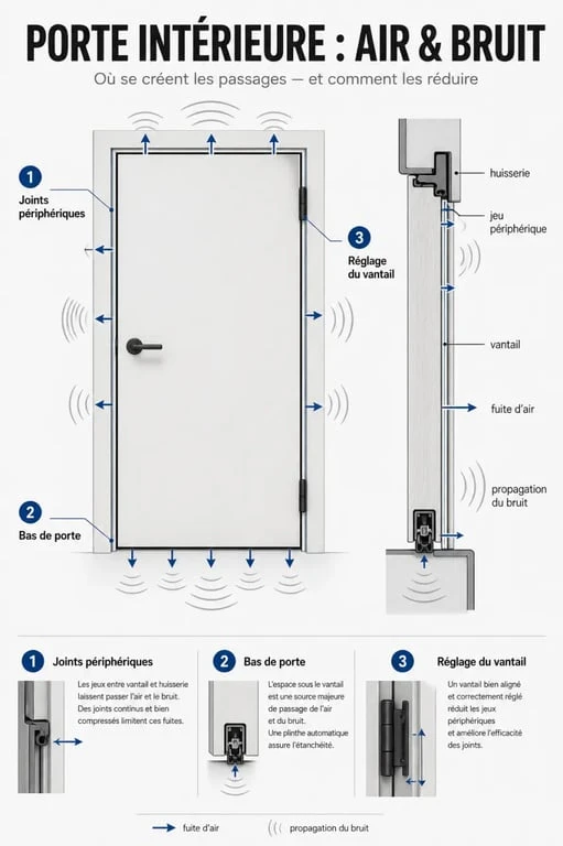 Porte isolation phonique intérieure : schéma éditorial des fuites d’air, des joints et du bas de porte