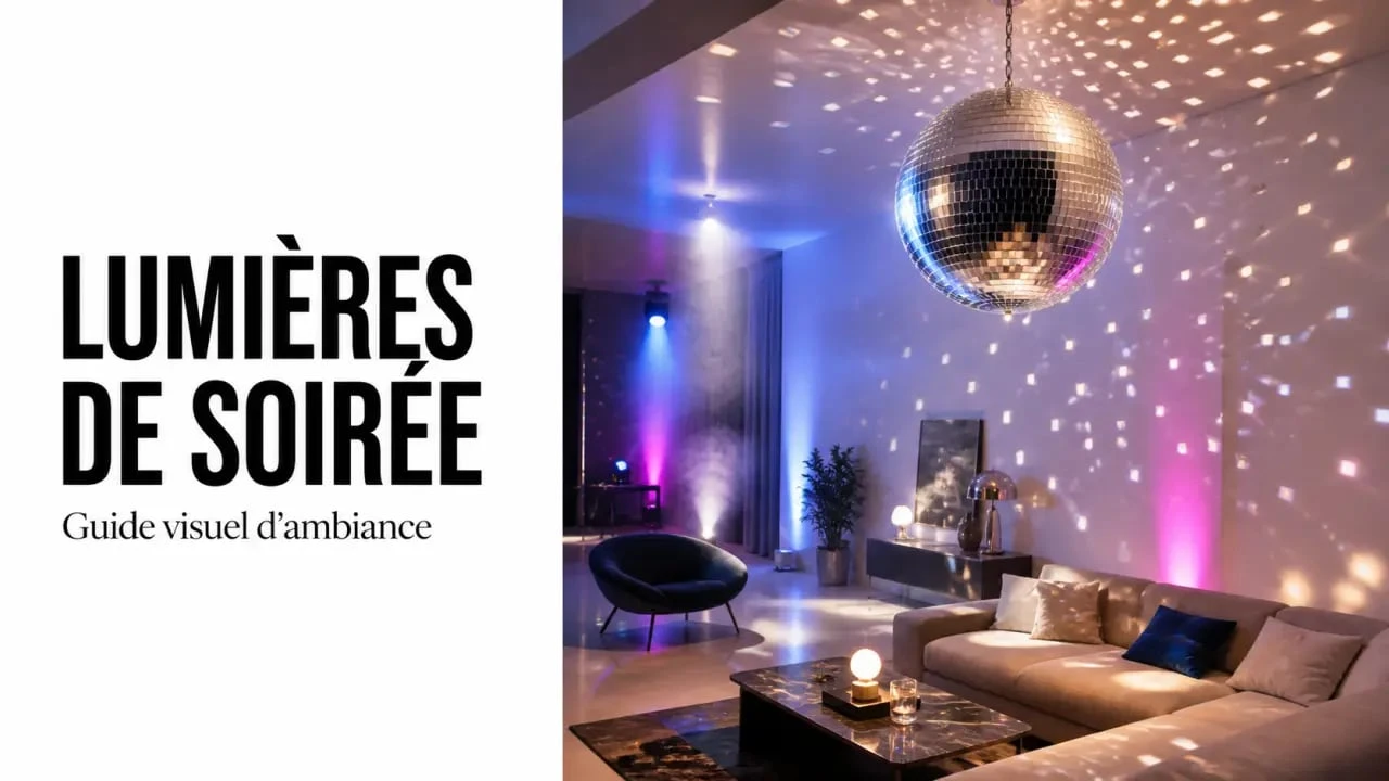 Jeu de lumières dans un salon festif avec boule à facettes et spots colorés