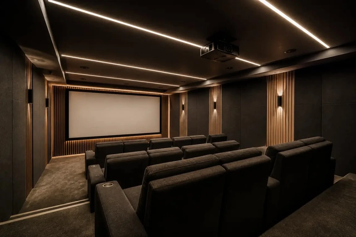 Salle de cinema dans une maison aménagée en sous-sol avec écran, projecteur, fauteuils et éclairage LED
