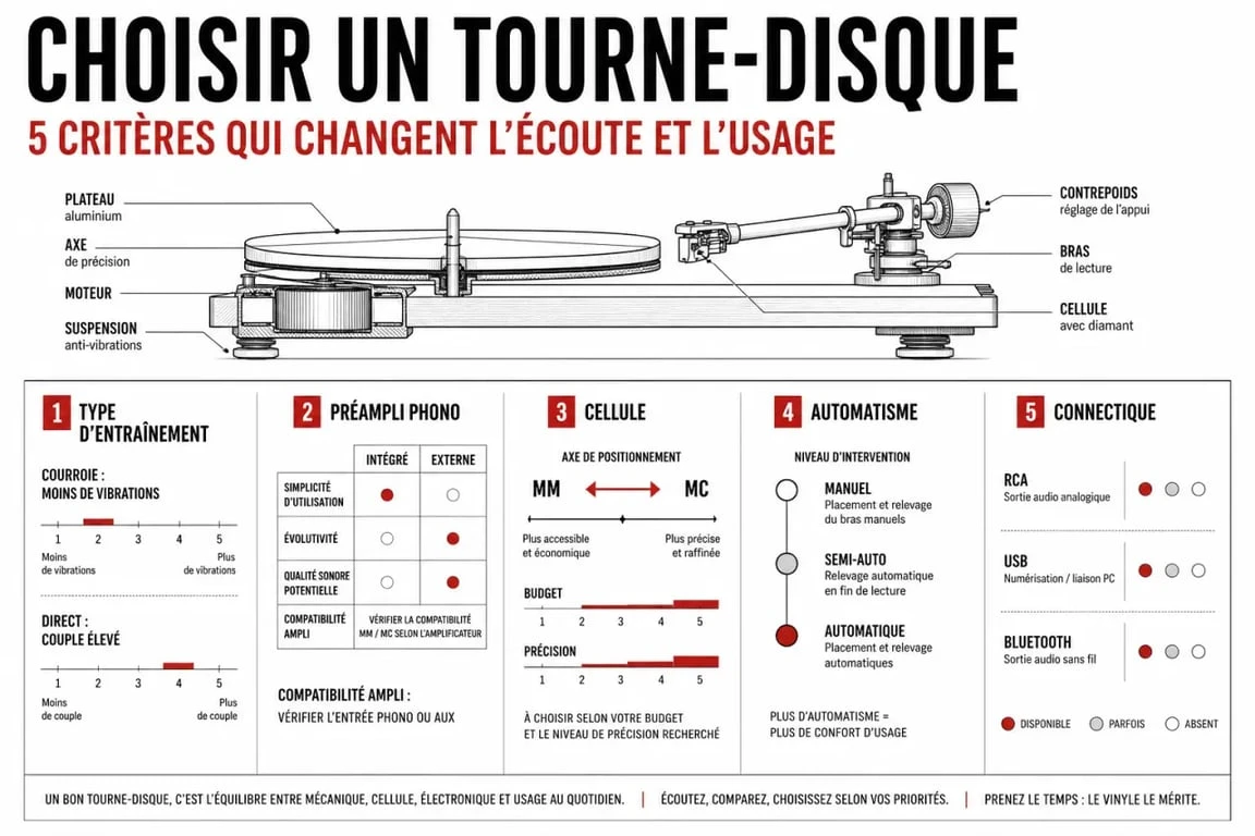 Comparatif visuel pour choisir le meilleur tourne disque selon l’entraînement, le préampli phono et la connectique