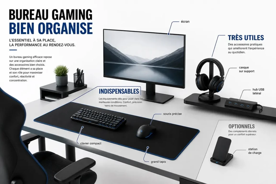 Accessoire bureau gaming sur un bureau organisé avec casque, souris, clavier et hub USB