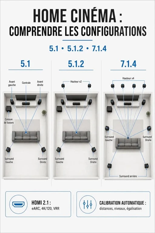 Ampli home cinema meilleur : infographie comparative des configurations 5.1, 5.1.2 et 7.1.4