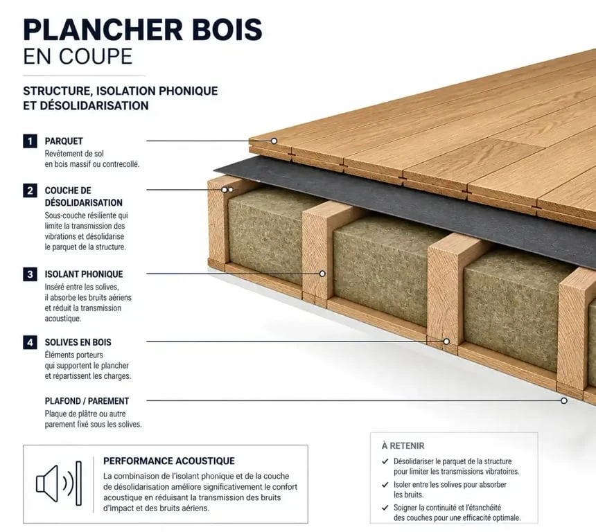 Schéma de principe d'une isolation phonique sur plancher bois avec désolidarisation