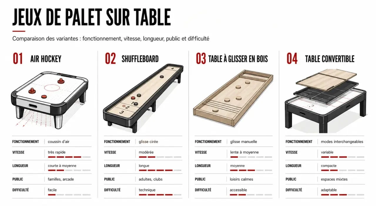 Comparaison du jeu de palet sur table avec air hockey, shuffleboard et table à glisser