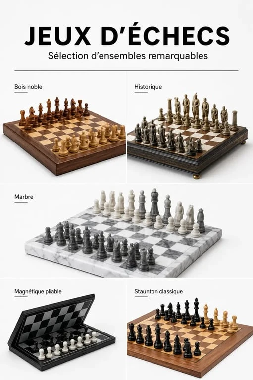 Jeux d'échecs originaux en bois, marbre, métal et format pliable dans une composition éditoriale