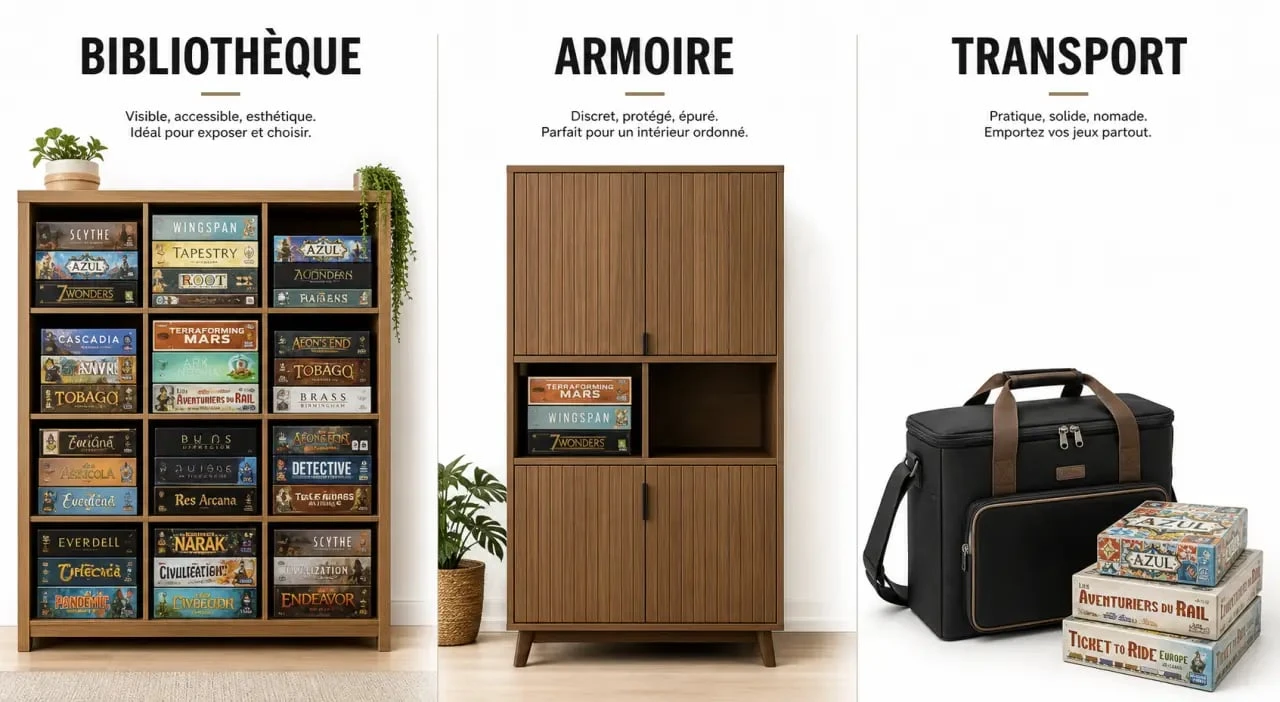 Rangement jeux de société : solutions de rangement avec bibliothèque, armoire fermée et sac de transport