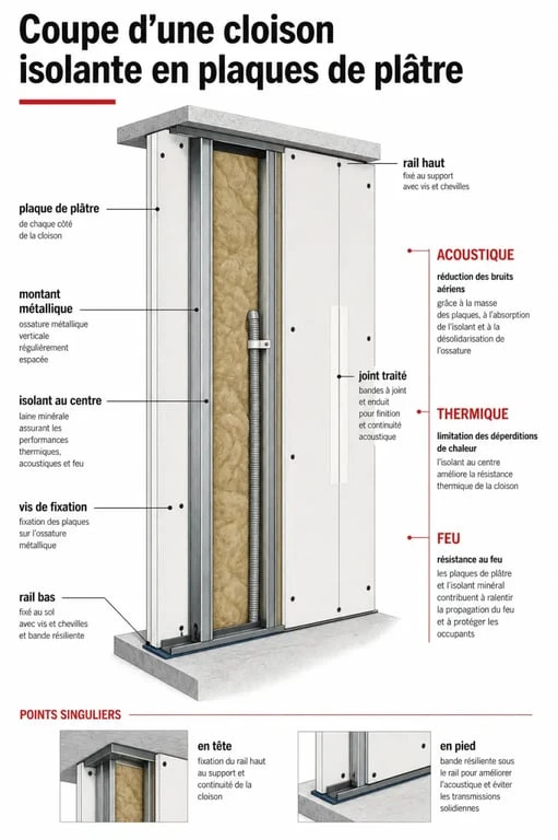Cloison isolante placo en coupe simplifiée montrant l'ossature, les plaques et l'isolant