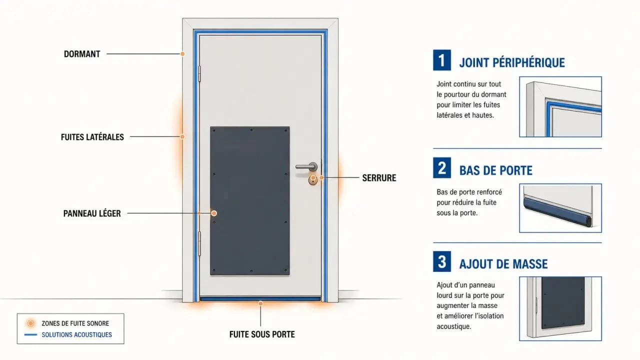 Isoler une porte phoniquement : schéma des fuites sonores autour du cadre, du seuil et du panneau