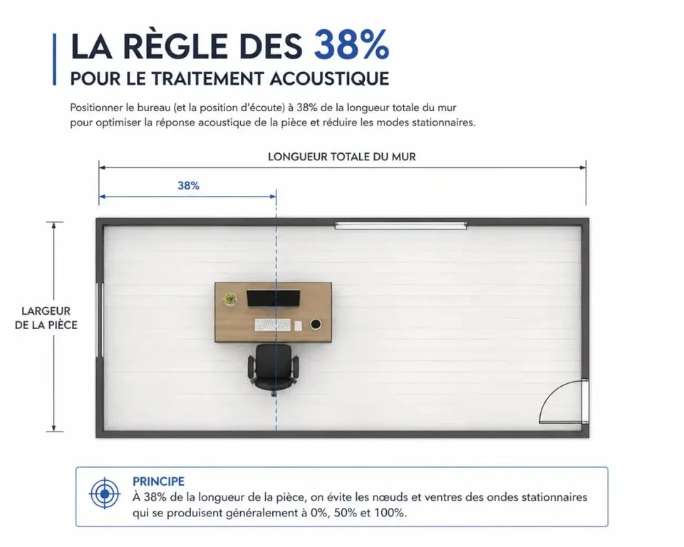 Schéma de la règle des 38% pour le traitement acoustique d'une pièce