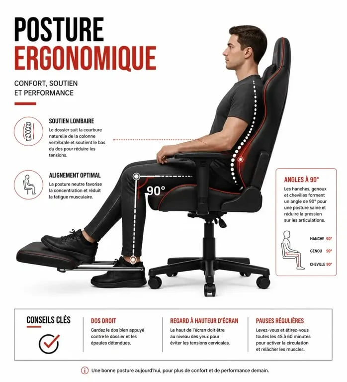 Schéma de la posture ergonomique idéale avec une chaise gamer avec repose pied
