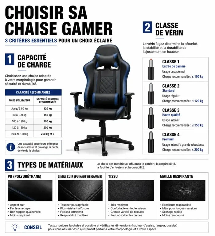 Infographie des critères techniques pour choisir une chaise gamer avec repose pied