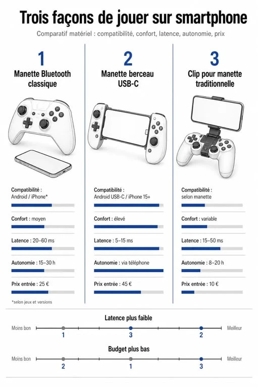 Comparatif de manette pour smartphone : Bluetooth, berceau USB-C et clip