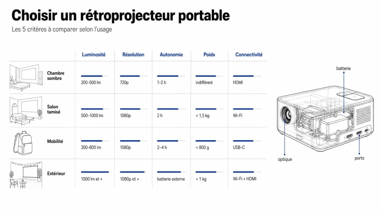 Meilleur retroprojecteur portable : synthèse visuelle des critères luminosité, autonomie, poids, résolution et connectivité