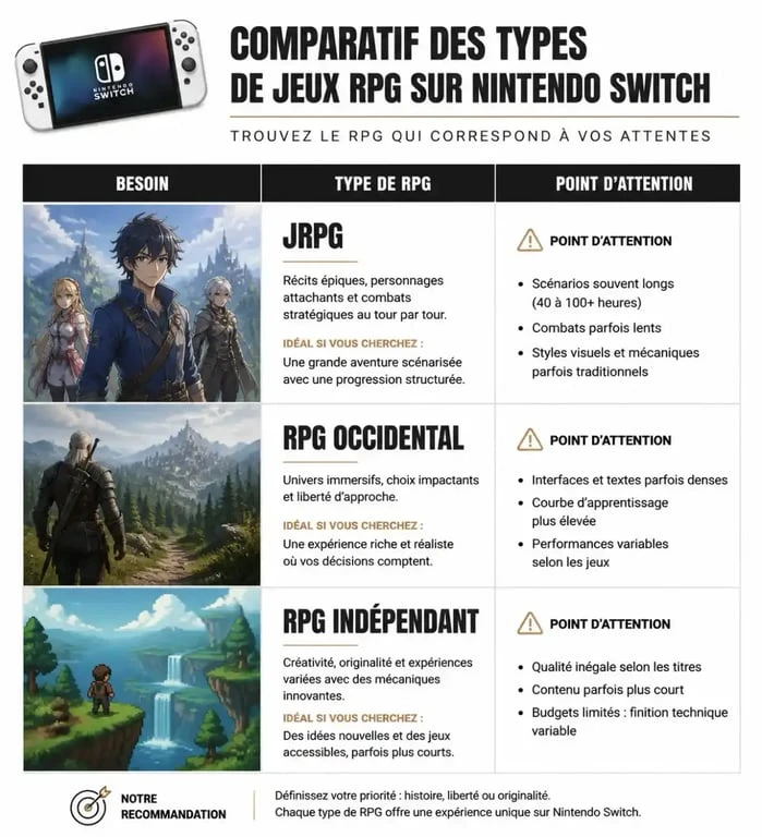 Tableau comparatif des types de jeux RPG sur Nintendo Switch pour choisir son prochain jeu