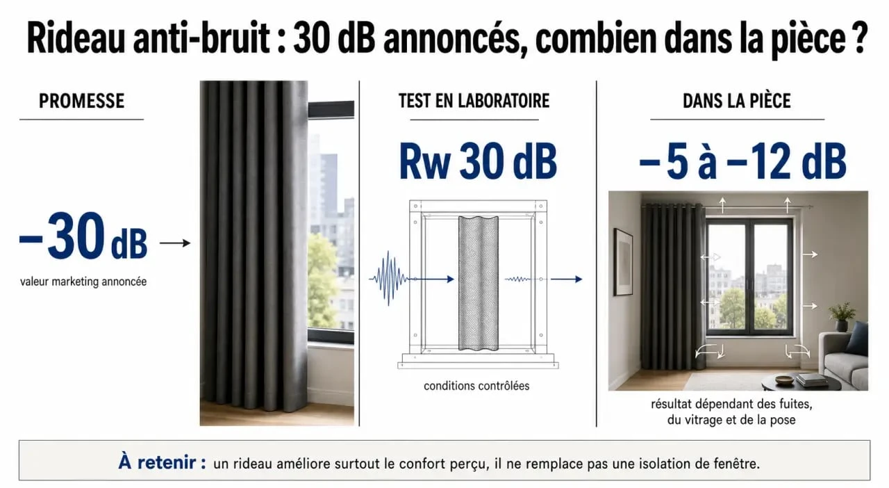 Rideau anti bruit 30 dB : promesse annoncée, test en laboratoire et efficacité réelle dans la pièce