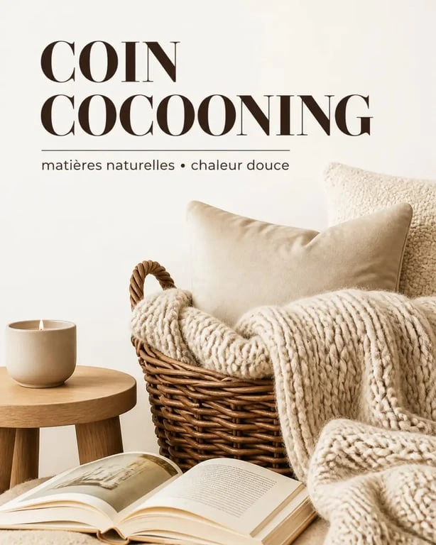 Coin cocooning salon avec matières moelleuses et palette apaisante