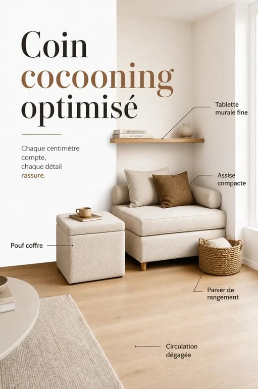 Coin cocooning salon dans un petit espace avec assise compacte et rangement discret