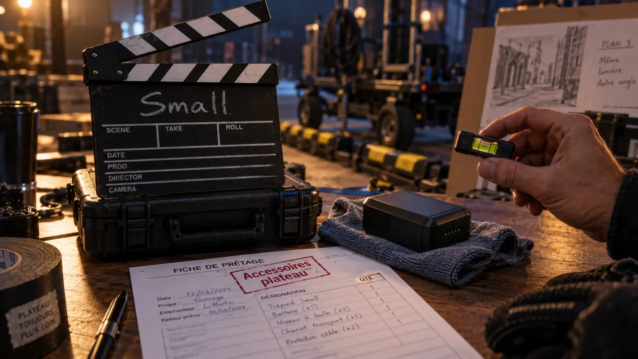Accessoire pour cinema : clap, batterie et niveau à bulle pour tournage