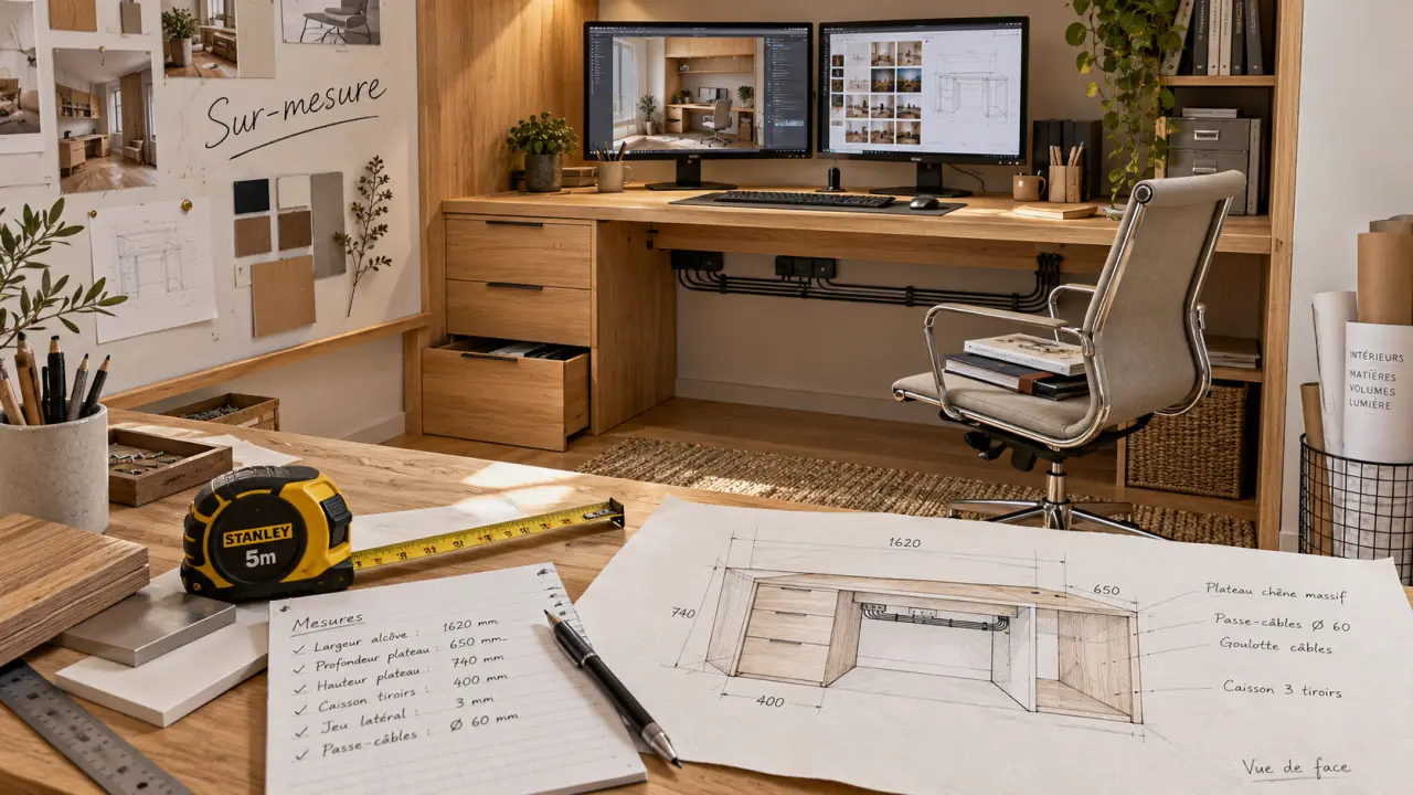 Bureau sur mesure en bois clair, espace optimisé et câbles rangés