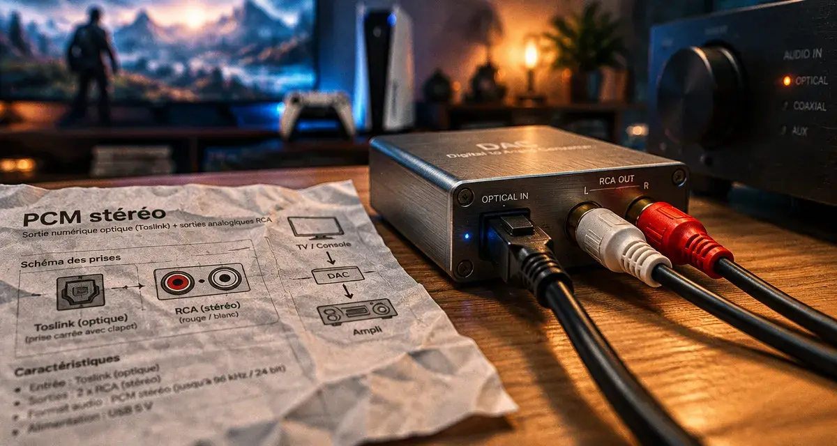 Convertisseur audio numérique à analogique PCM stéréo, branchement Toslink et RCA