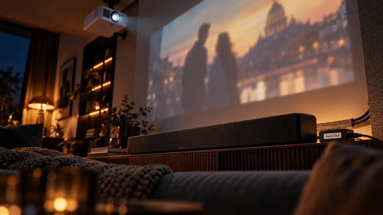 Enceinte pour vidéoprojecteur : barre de son et connectique audio