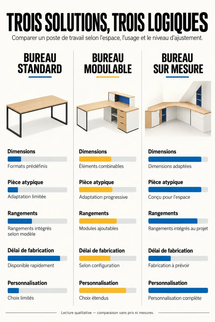 Infographie comparative sur le bureau sur mesure, le bureau standard et le bureau modulable