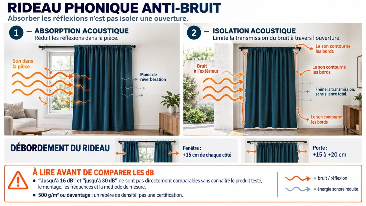 Infographie sur le rideau phonique anti-bruit, la différence entre absorption et isolation et les débordements de pose