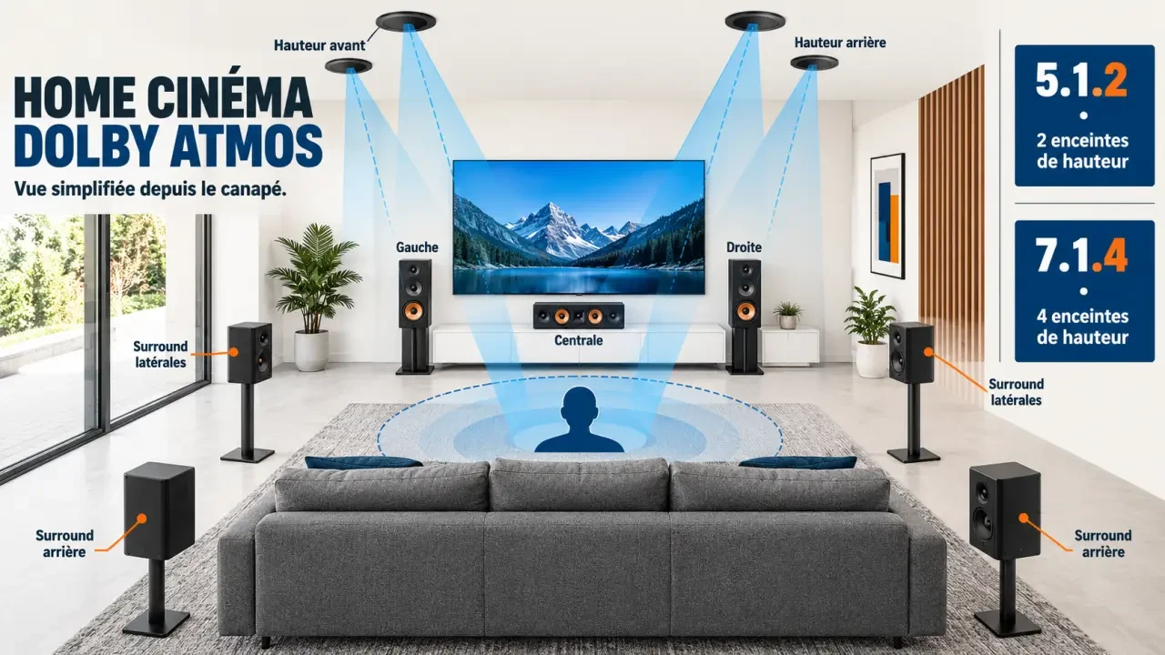 Schéma de placement d’un home cinéma Dolby Atmos avec enceintes surround et enceintes de hauteur