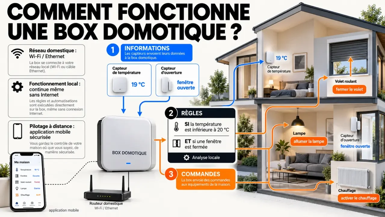 Schéma du fonctionnement d’une box domotique entre capteurs, centrale et actionneurs