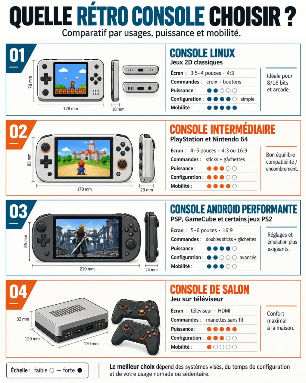 Infographie pour choisir une retro konsole selon les systèmes émulés, le format et la puissance