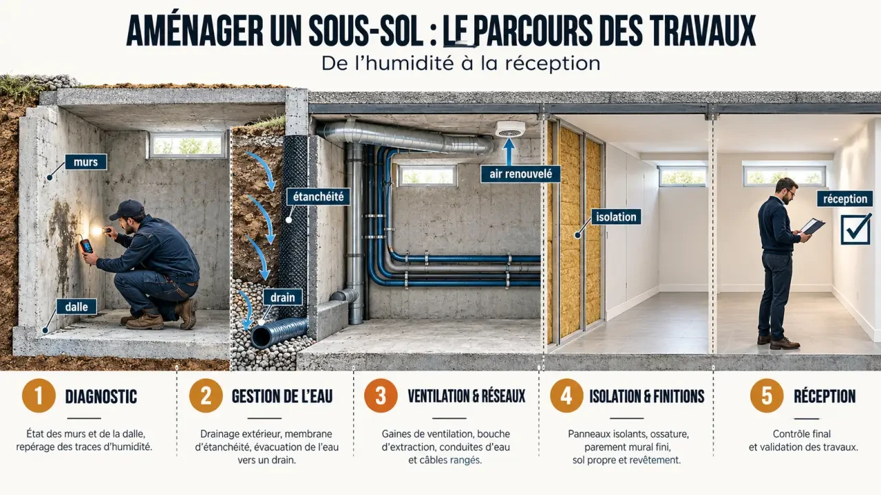 Parcours des étapes d’un sous-sol aménagé, du diagnostic de l’humidité à la réception des travaux